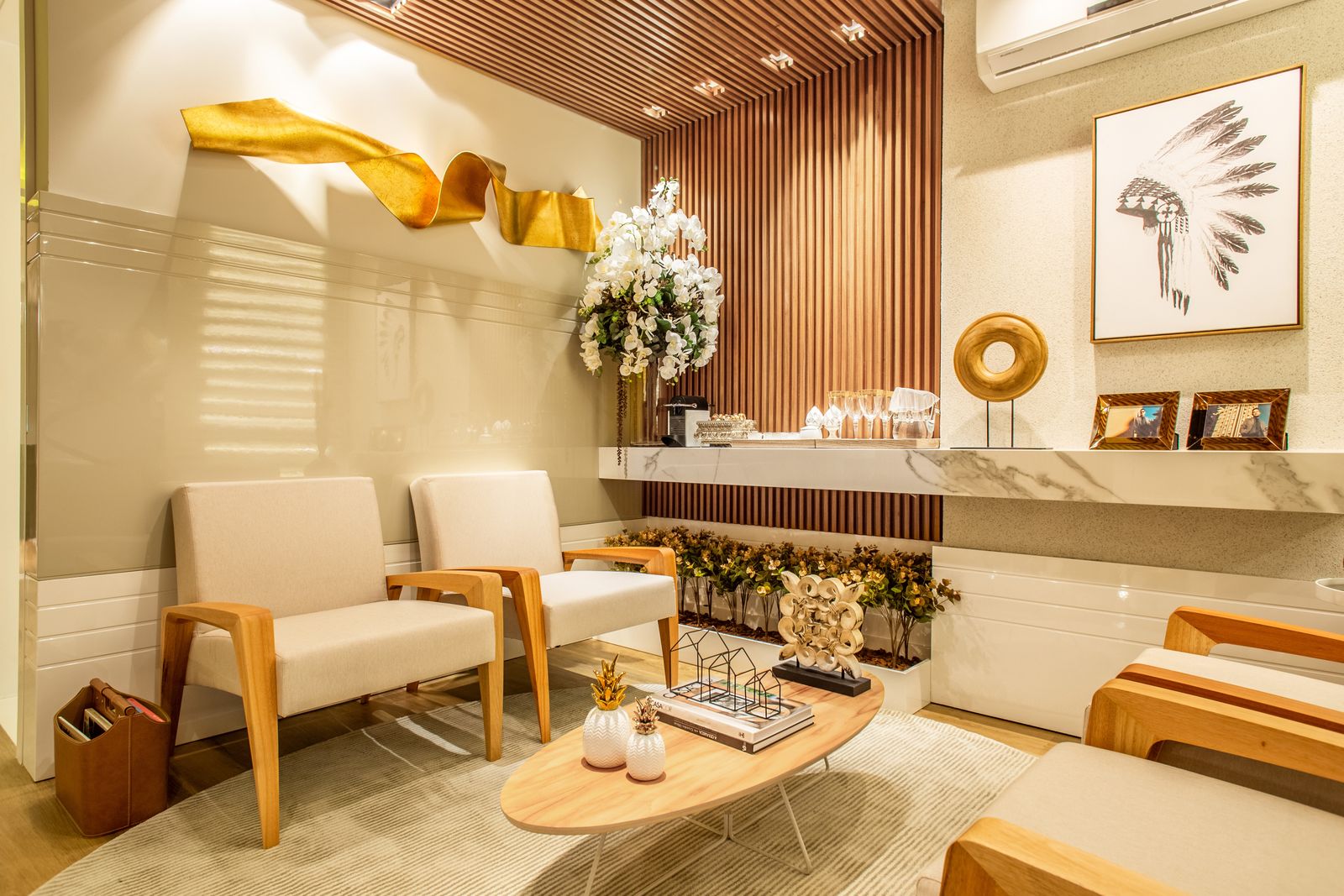 A warm clinic reception area with timber and soft lighting